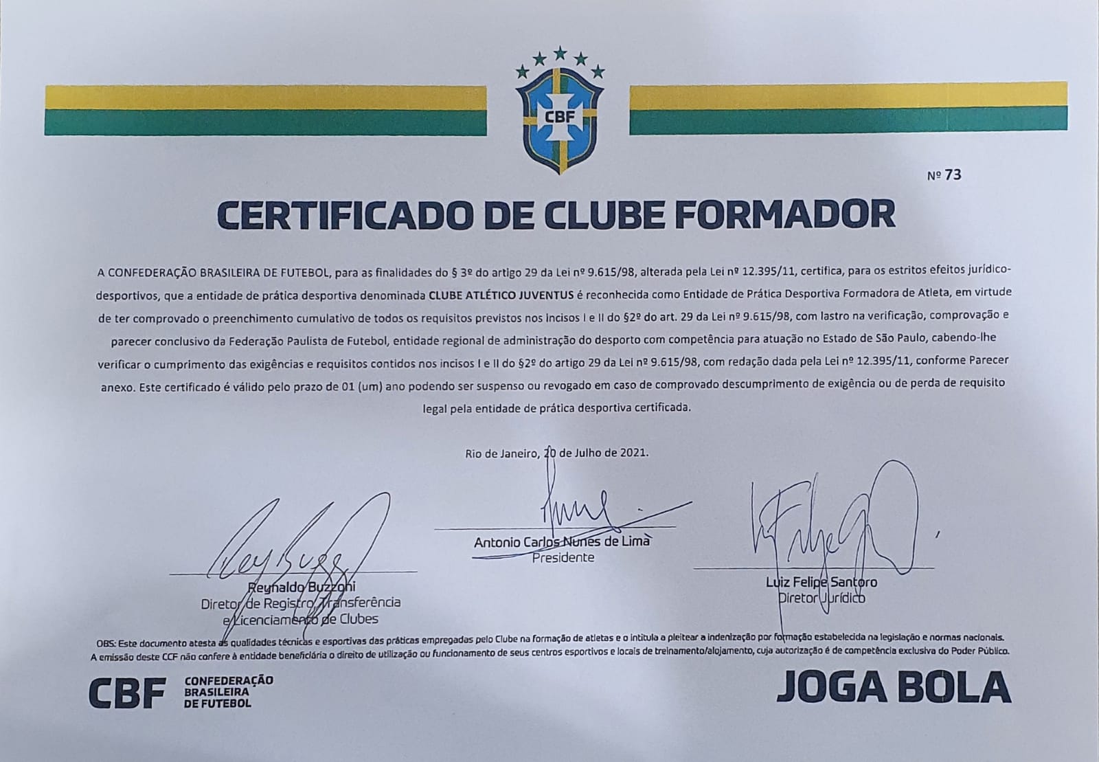 Juventus obtém o Certificado de Clube Formador