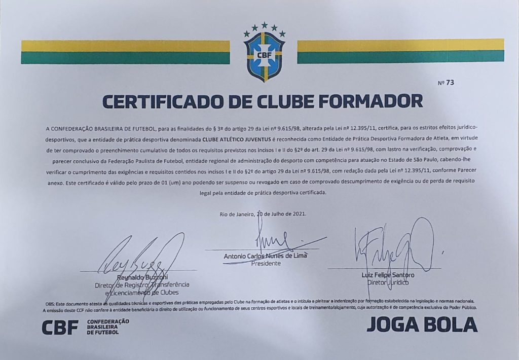 Juventus obtém o Certificado de Clube Formador