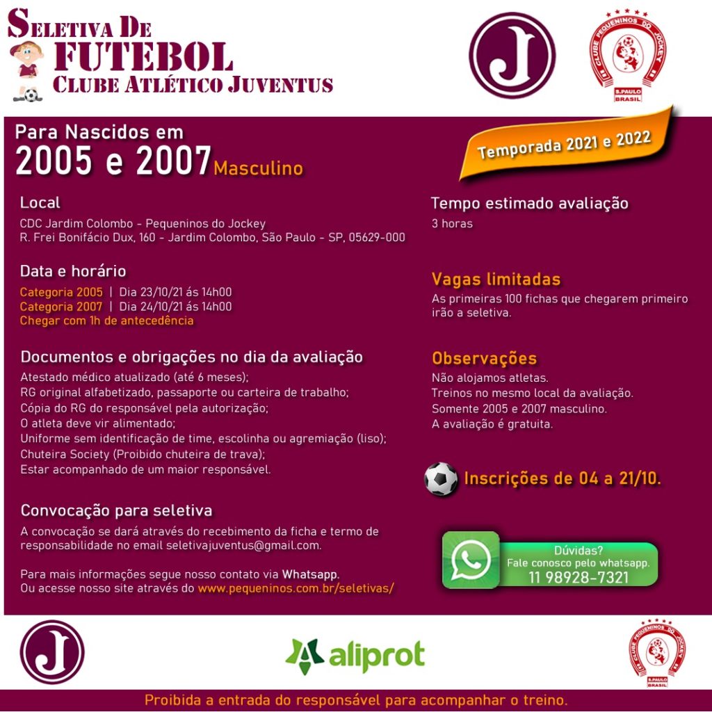 Seletiva de Futebol para Nascidos em 2005 e 2007- Masculino/Outubro 2021
