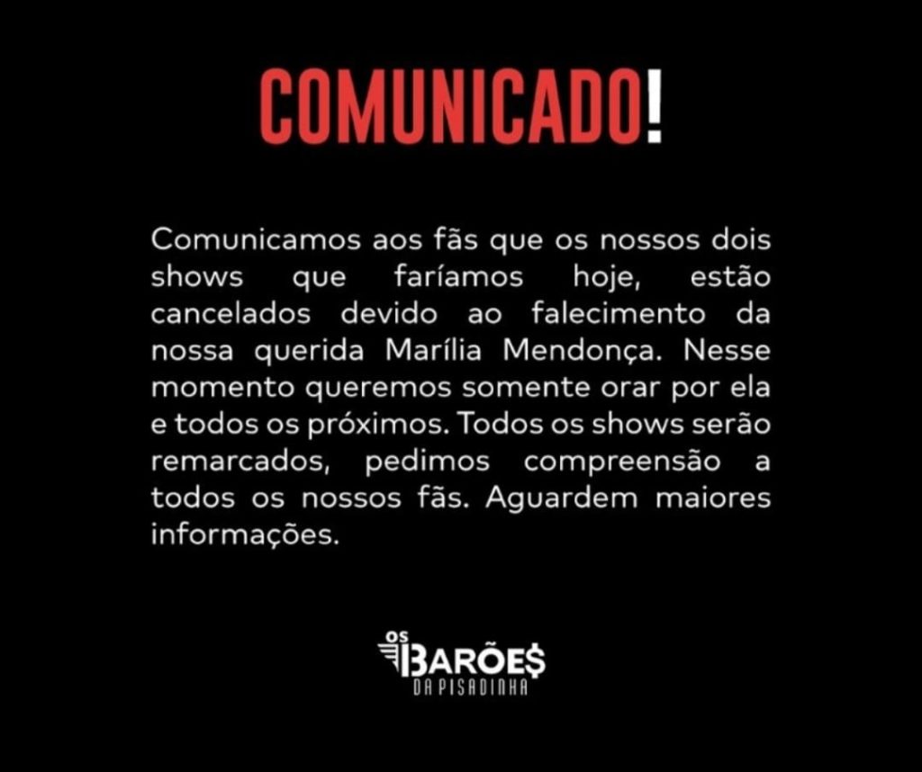 Comunicado Oficial – Shows “Os Barões da Pisadinha e Avine Vinny”