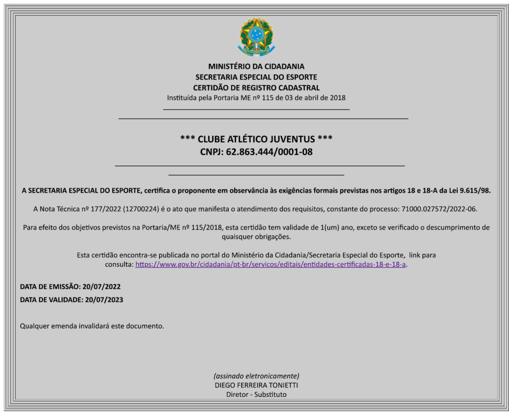 Juventus obtém a Certidão de Registro Cadastral
