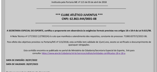 Juventus obtém a Certidão de Registro Cadastral
