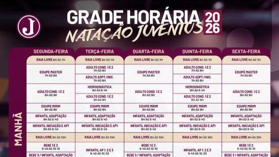 NATAÇÃO DO JUVENTUS DIVULGA GRADE HORÁRIA DE AULAS PARA 2026